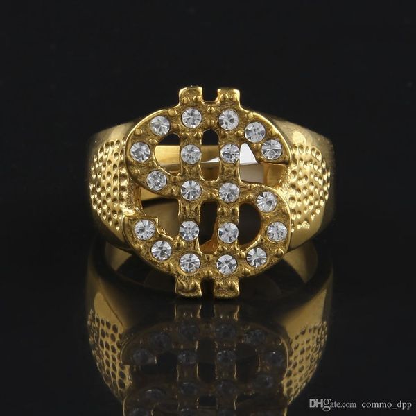 

stainless steel iced out bling bling rings gold color us dollar sign signets rings for men women rock hip hop jewelry gift, Golden;silver