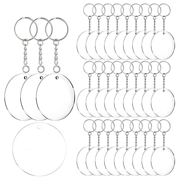 

acrylic keychain blanks, 60 pcs 2 inch diameter round acrylic clear discs circles with metal split key chain rings, Silver