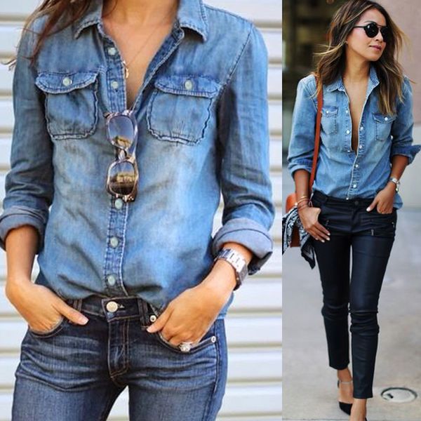 

fashion half sleeve denim shirts women solid buttons mujer, White
