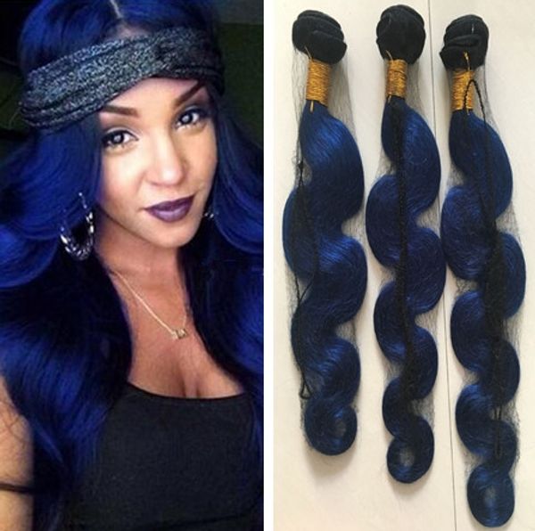 Cabelo humano brasileiro Tela ombre Pacotes 9A Bortes de ondas corporais pretas e azuis Extens￣o azul