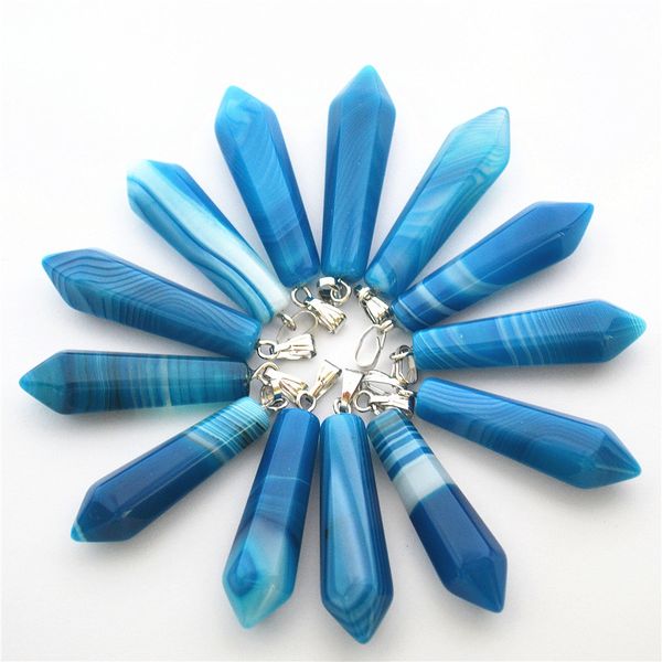 

new selling fashion natural stone pillar points pendant blue agates onyx charms for women jewelry wholesale 12pcs, Silver