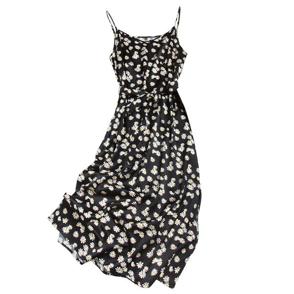 

daisy print summer dress women satin 100% silk spaghetti strap sashes hem split 2020 new fashion french chic robe vestidos, Black;gray