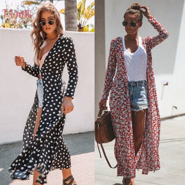 

autumn fashion women lady floral maxi v neck kimono duster cardigan chiffon shirts open front loose blouses streetwear, White