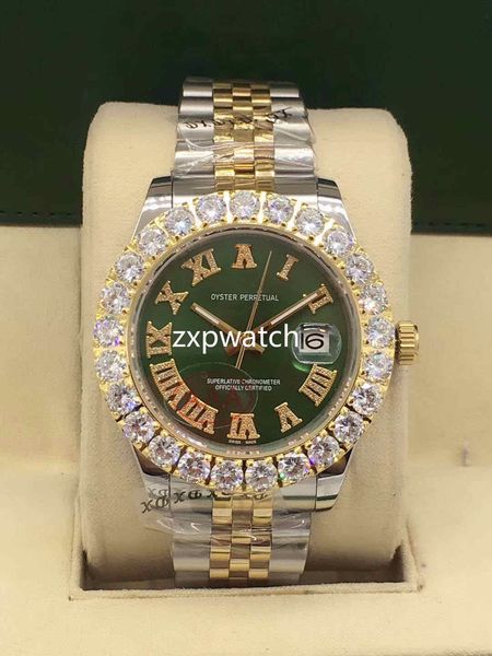 Prong definido Diamond Watch homens Diamond grande Luxo relógio automático 43MM Homens Prata Two Face Green Tone 316 relógio inoxidável