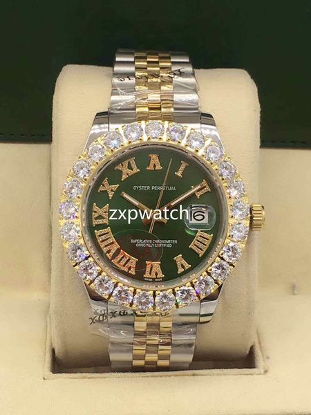 

prong set diamond watch luxury big diamond men watch automatic 43mm men silver gold two tone green face 316 stainless watch, Slivery;brown