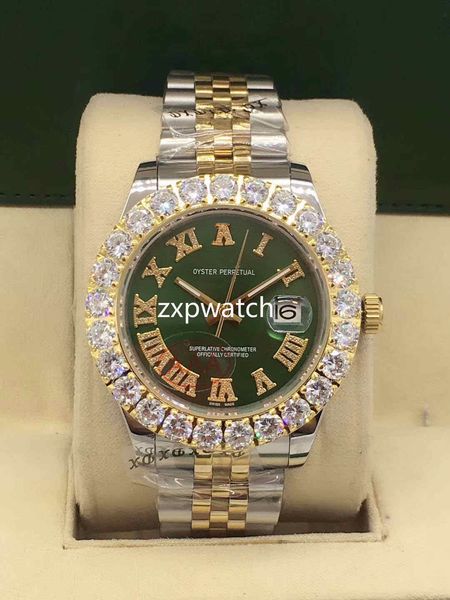 Orologio da uomo con diamanti di lusso Orologio da uomo con diamanti grandi di lusso Orologio automatico da uomo 43MM Orologio da uomo in oro argento bicolore con quadrante verde 316