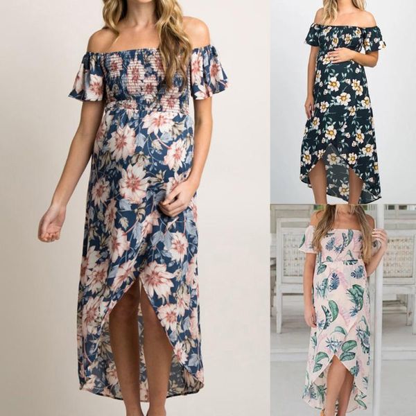 

women pregnant off shoulder floral print irregular maternity dresses maternity evening elegant backless long dress for pregnancy, White