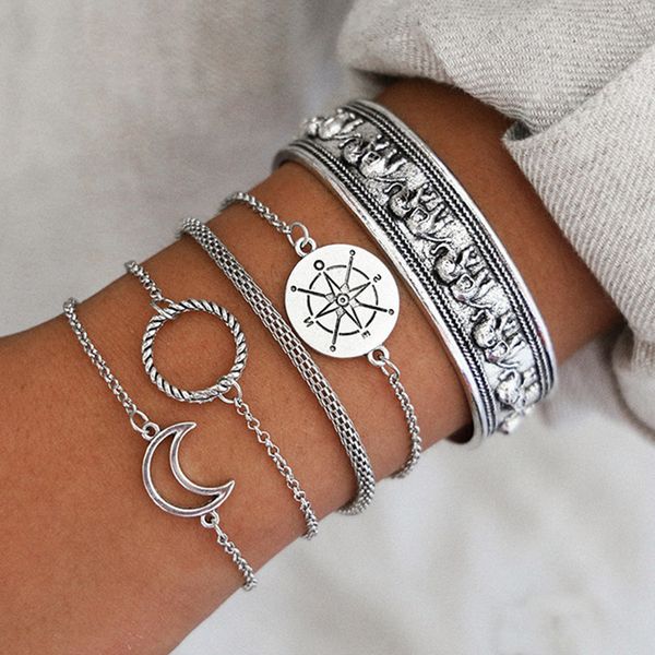 

diezi bohemian vintage men silver color chain bracelet sets boho statement compass moon circle elephant charm bracelets women