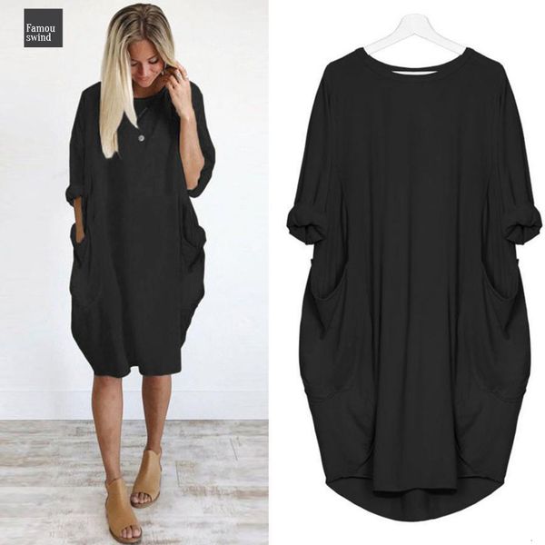 

мода женские платья женщин карманные сыпучие платье дамы crew neck плюс размер платья топы длинные повседневные платья плюс размер augu10, Black;gray