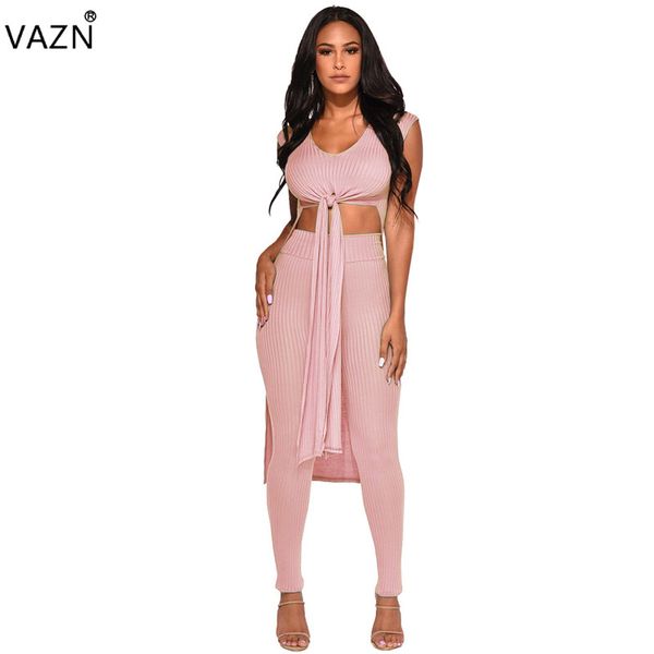 

vazn 2019 new design 2 piece lady set solid 6 color sleeveless o-neck x-long long pant bodycon jumpsuits xmy9139, White