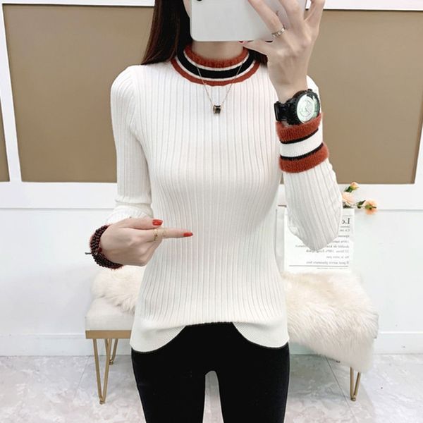 

women autumn winter temperament wild sweater color matching slim long-sleeved half high collar casual slim bottom knit sweater, White;black