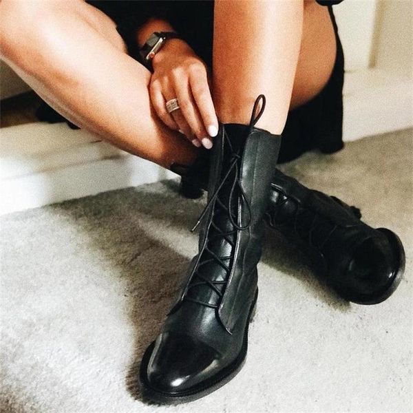 

women's boots new british style lace up black ladies flat leather shoes pointed toe party female motorcycle boots dropshipping