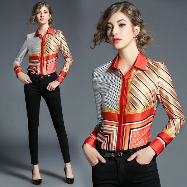

women blouses 2018 striped print long sleeved blusas work shirts for womens elegant blouses plus size female summer, White