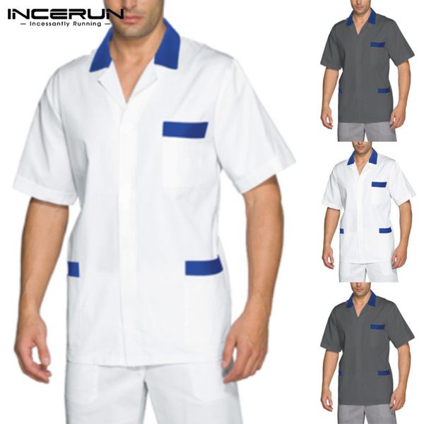 

incerun 2020 summer men short sleeve shirt fashion breathable lapel pockets casual blouse streetwear mens work uniform plus size, White;black