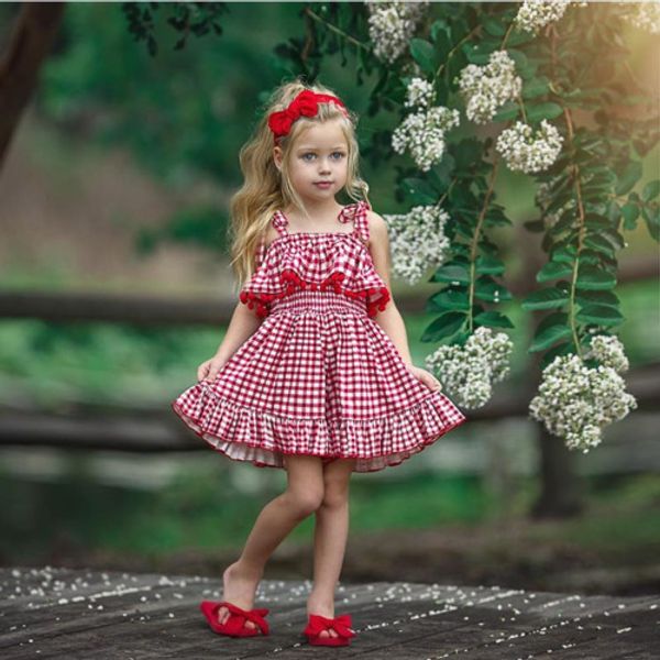 

summer kids baby girls red plaid dress cute bow princess pageant party tutu dress sundress, Red;yellow