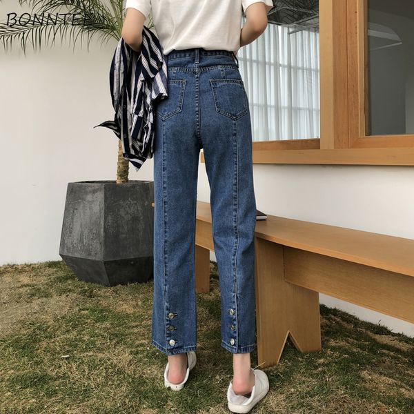 

jeans women single breasted all-match korean style straight korean style high waist womens chic pockets students leisure trouser, Blue