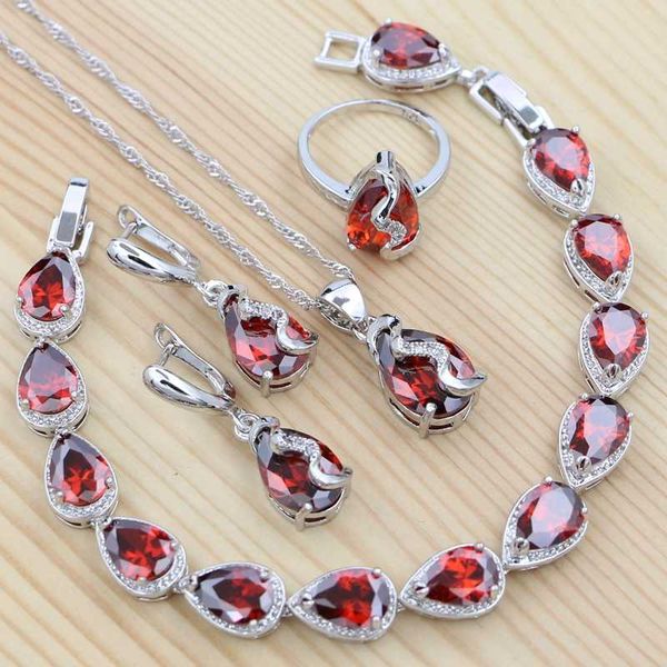 

water drop earrings 925 silver jewelry sets for women red cubic zirconia ring bracelet necklace pendant earrings jewelry sets