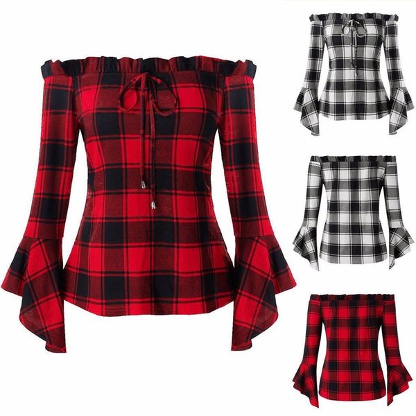 

2020 new word shoulder plaid bow tie lace long sleeve chiffon blouse women blouses women three quarter, White