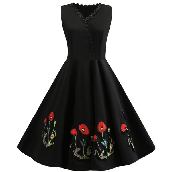 

6023 p shoot eaby selling amazon new style retro sleeveless embroidered big hemline dress, Black;gray