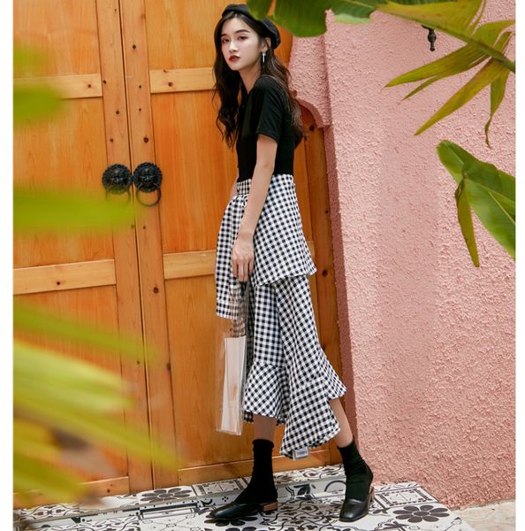 

summer new women's round neck short sleeve stitching plaid irregular dresses famale fake two pieces design niche v981, Black;gray