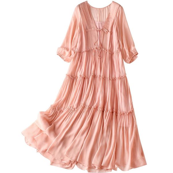 

brand new women's summer medium-length pleated loose 100% real skil dress two colors according to a sales, Black;gray