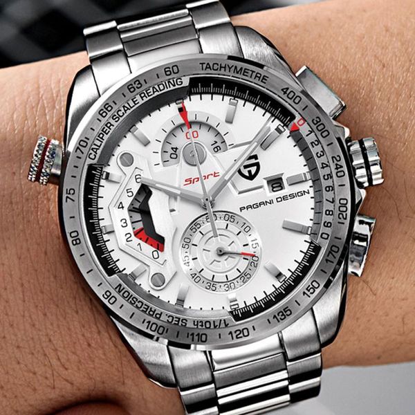 

46mm pagani silver dial quartz watch stainless steel strap men's leisure sports watch, Slivery;brown
