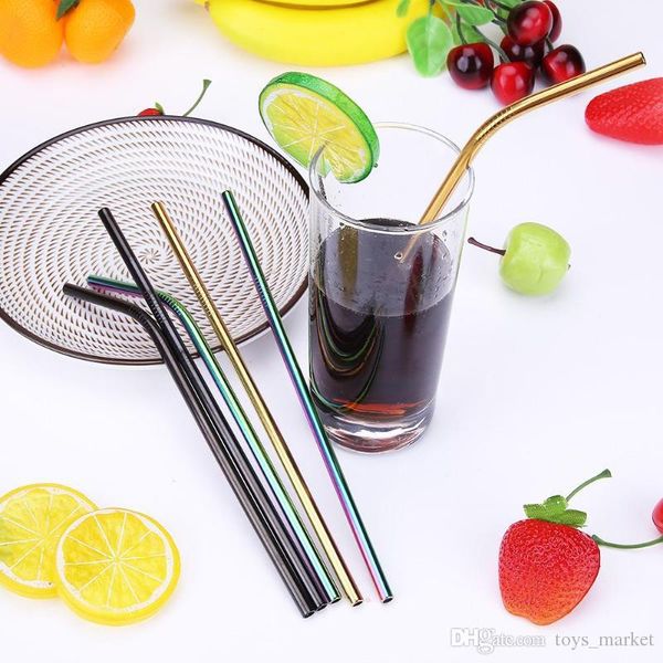 

colorful stainless steel straw straight and bend straws cleaning brush reusable drinking straw bar drinking tool juice party bar accessorie