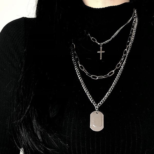 

multilayers punk silver chains cross necklace couple fashion street hip hop geometric metal pendant necklaces for women, Golden;silver