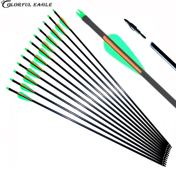 12pcs, 31.5Inch-28inch Omurga 500, Av Bileşik Olimpik Bow Mavi Beyaz Hedef Pratik Çelik Noktası Okçuluk Fiberglas Oklar