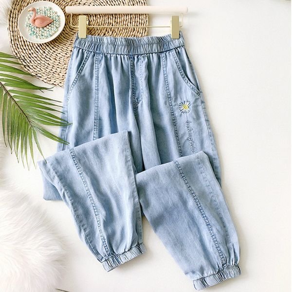 

dtstarzg new soft jeans for women 2020 summe korean high waist jeans female casual daisy embroidery harem denim pants women, Blue