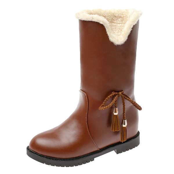 

outdoor boots women's slip-on round toe knee-high bowknot add wool upset snow boots comfort winter warm shoes botas mujer, Black