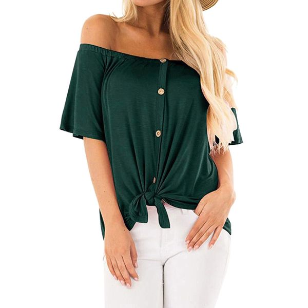 

2019 new arrivals fashion women casual off shoulder short sleeve solid slim with buttons loose tees, White