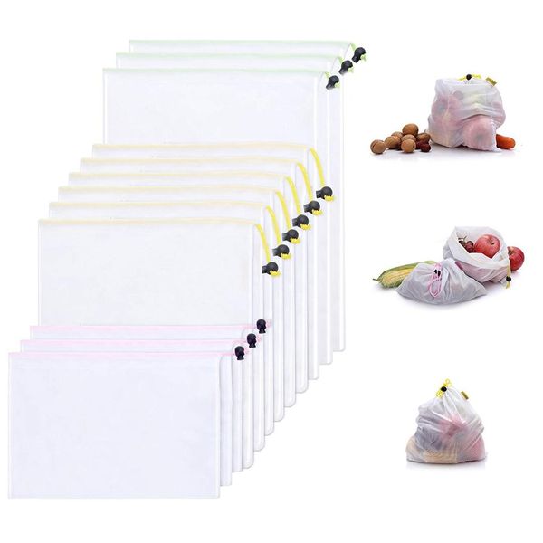 

fggs-reusable mesh produce lightweight washable durable bags with tare weight on tags set of 12 with 3 different sizes