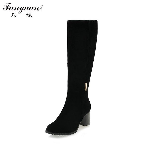 

winter plain wide calf boots for women round toe faux suede combat boots med thick heels zip mid calf riding plus size 43, Black