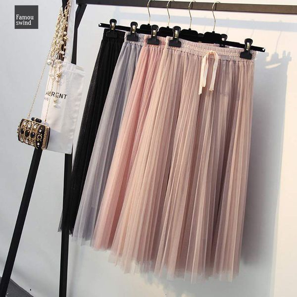 

весна-лето 2019 женщины юбки chic высокой талией линия длинные три lyers тюль юбка mid теленок плиссе midi юбка, Black