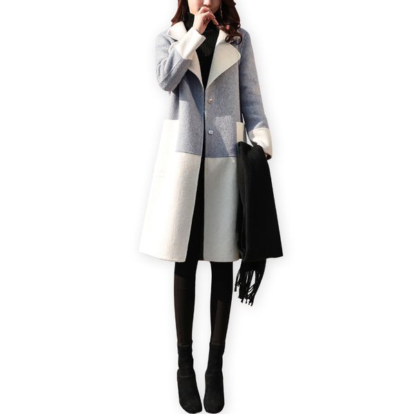

fashion color matching coat long autumn and winter new korean version of the popular woolen coat and thick women's woolen, Black