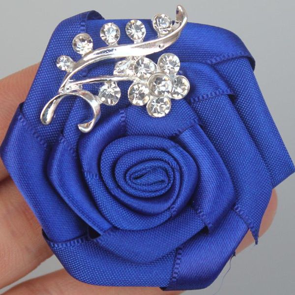

artificial satin flower groom corsage royal blue flower crystal jewelry bride wedding corsage pin brooches for man suit xh0038-2 cneto, Black;gray