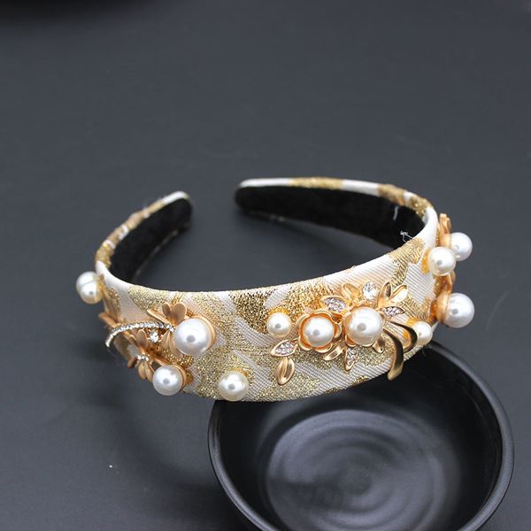 

baroque iron flower pearl flower headband court retro catwalk bow with large flower pearl geometric headband bridal 903, Golden;white