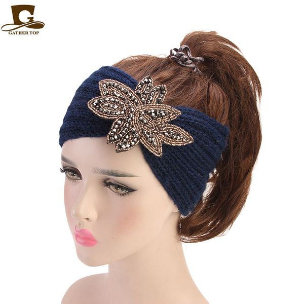 

women knit headband winter sequin with flower decoration jewerly knitted hair band
