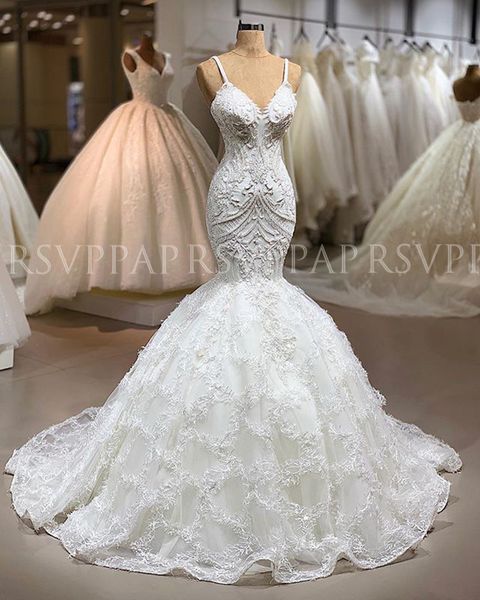 

sexy бретельках кружева appliqued русалка свадебные платья luxury open назад оболочка плюс размер пляж платье богемского люкс, White