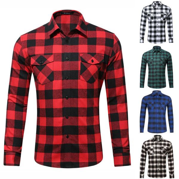 

men's long sleeve turn down collar plaid train shirts single breasted pockets slim fit sport shirt plus size, Black;blue