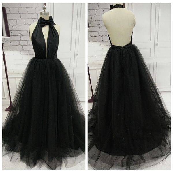 

сексуальная линия атлас и тюль холтер платья выпускного вечера с большой лук развертки поезд спинки платья выпускного вечера водопад юбка че, Black