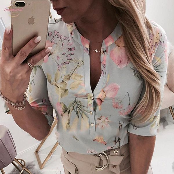 

women chiffon blouse shirt 2020 female clothing long sleeve blusas womens office floral print button lady ol basic top, White