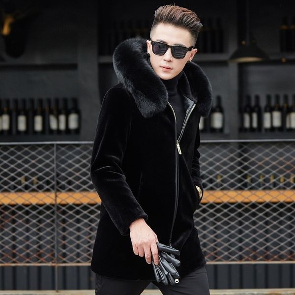 

winter shearling long jackets for men fashion brand black sheepskin wool shearling coats with fur collar warm real fur coat