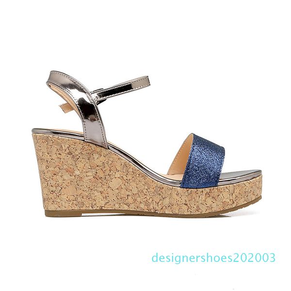 

women's summer style mature dress party glitter mixed colors blue gold peep toe platform wedges thick high heels sandals d03, Black