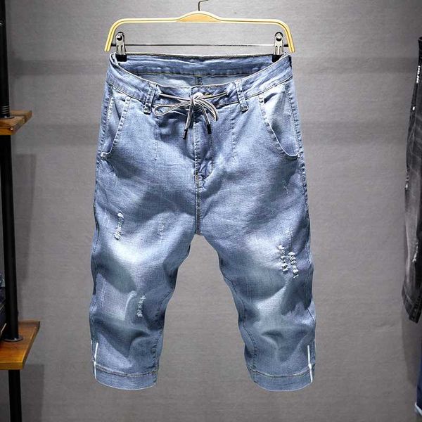 

men's jeans 2021 fashion mens ripped short blue clothing bermuda summer cotton shorts breathable denim calt-length pants male,830