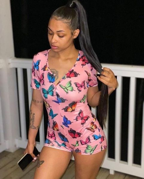 

felyn 2020 new arrival fashion design pajamas playsuits butterfly print v-neck summer bodycon rompers, Black;white