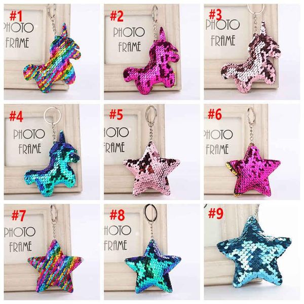 

sequin unicorn star key chain christmas keyring cell phone bag pendant keychain mermaid key ring home decor party favor 9styles 120pcs, Silver