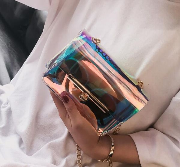 

designer transparent hologram laser bag women hand clutches pvc see through clear small chain bags shoulder messenger bag mini cow/5