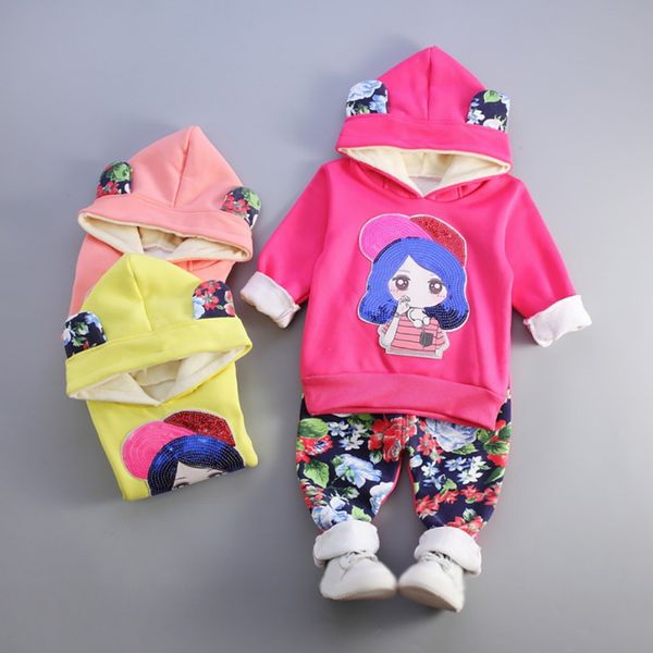 

baby girls long sleeve sequins cartoon print autumn hoodie sweatshirt +floral pants trouser casual costume set, White